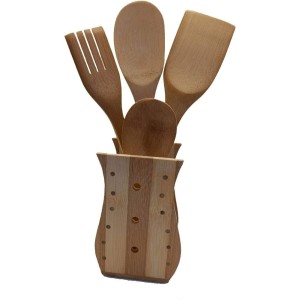 KIT TALHERES DE BAMBU C/SUPORTE 5PÇS